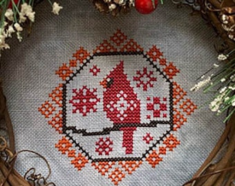 DARLING & WHIMSY DESIGNS "Quirky Quaker Cardinal" Counted Cross Stitch Pattern, Chart, Red Birds, Pattern Only