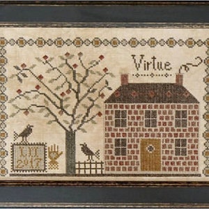 May include: Cross-stitch pattern featuring a brick house with a brown roof and a tree with red apples. The house has a door and windows. The pattern is framed in a dark brown frame and includes the word "Virtue" above the house.