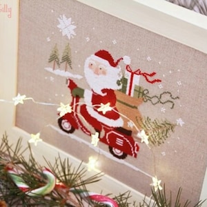 MADAME CHANTILLY "Santa On A Vespa" Counted Cross Stitch Pattern, Whimsical, Christmas, Italy, Pattern Only