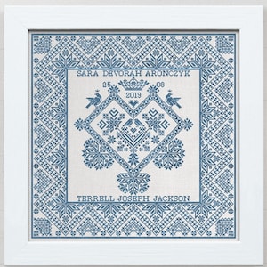 Modern Folk Embroidery &quot;The Crowned Heart: A Wedding Sampler&quot; Counted Cross Stitch Pattern, Monochromatic, Fully Customizable, Pattern Only