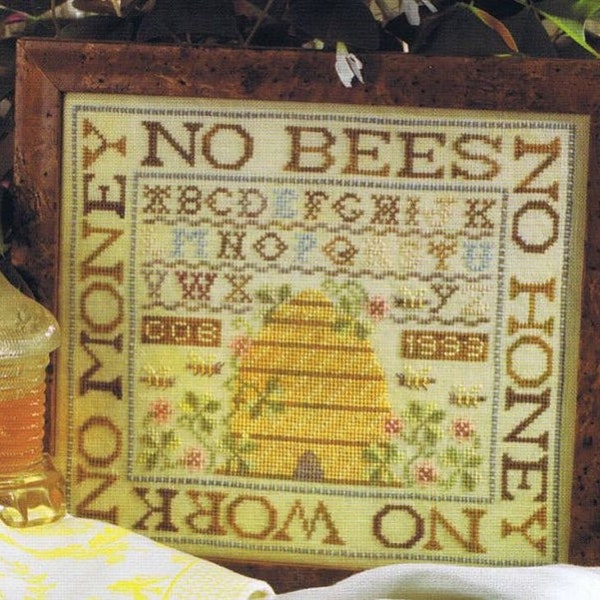 BIRDS OF A FEATHER "No Bees No Honey" Counted Cross Stitch Pattern, Sampler, Bee Skep, Alphabet, Paper Pattern