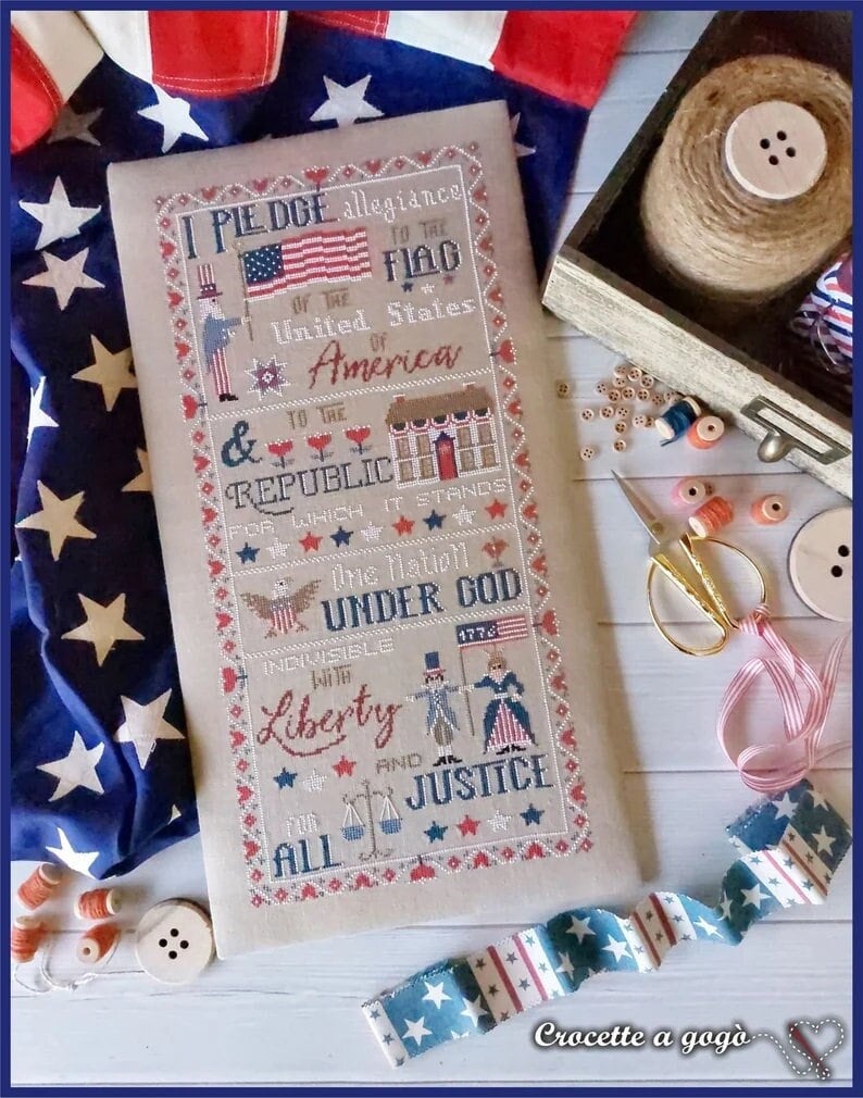 CROCETTE A GOGO The Pledge of Allegiance Counted Cross Stitch Pattern Chart American Flag Liberty Americana Pattern Only image 1