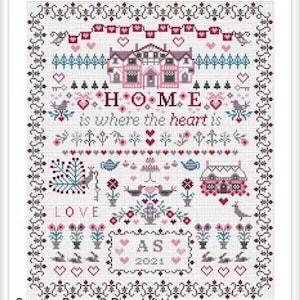 RIVERDRIFT HOUSE NEEDLEWORK &quot;Home Is Where the Heart Is&quot; Counted Cross Stitch Pattern, Sampler, Country House, Peacock, Lovebirds