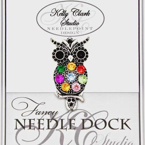 Kelly Clark Studio ~ RAINBOW HORNED OWL Needle Minder, Needle Dock, Canvas Magnet, Needle Garage, Needleminder