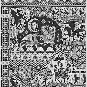 LONG DOG SAMPLERS &quot;The Templar Prophecy&quot; • Counted Cross Stitch Pattern • Classic Norfolk Sampler, Pattern Only