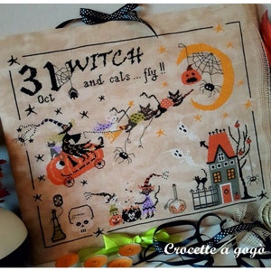 THE FLYING PUMPKIN by Crocette A Gogo  • "La Zucca Volante" • Counted Cross Stitch Pattern • Halloween, Witch, Autumn, Black Cat, Ghost