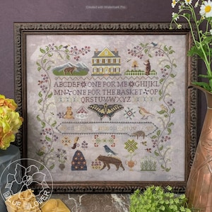 THE BLUE FLOWER "Huckleberry Farm" Counted Cross Stitch Pattern, Farm Sampler, Huckleberries, Bears, Farmhouse, Woodland, Pattern Only