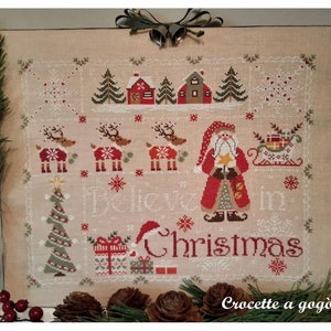 BELIEVE IN CHRISTMAS by Crocette A Gogo Counted Cross Stitch Paper Pattern Santa, Reindeer, Sleigh, Presents, Snowflakes, Winter image 3
