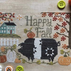 ACADIA STITCHERY "Happy Fall" Counted Cross Stitch Pattern • PDF Download • Chart • Pig in a Pumpkin Patch, Primitive Folk Art, Pattern Only