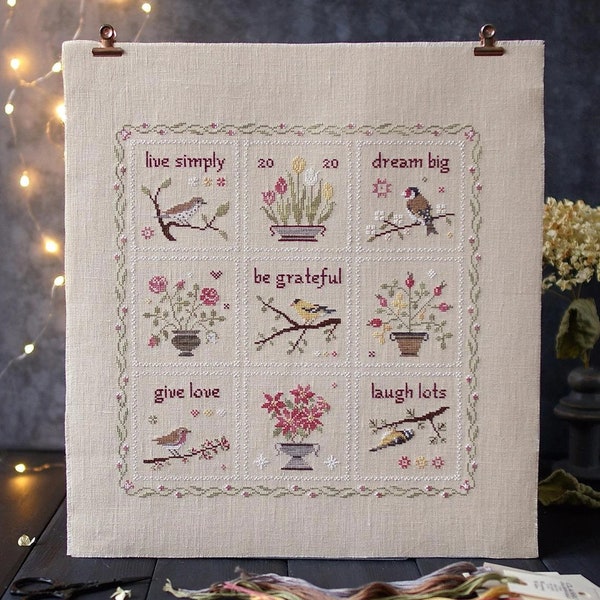 PDF INSTANT DOWNLOAD • Blue Bird Needleworks • "Live Simply Sampler" • Geteld kruissteekpatroon • Alleen patroon