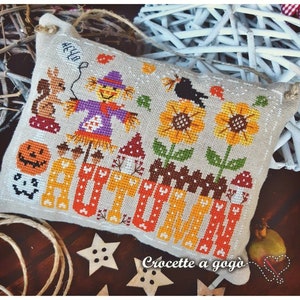 Crocette A Gogo • "Hello Autumn" Counted Cross Stitch Pattern, Pumpkins, Scarecrow, Flowers, Birds, Paper Pattern, In Stock