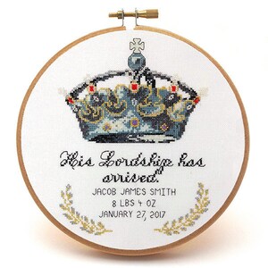 PEACOCK & FIG &quot;His Lordship&quot; Counted Cross Stitch Pattern, Chart, Baby Boy Arrival, Pattern Only