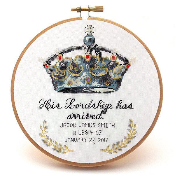 PEACOCK & FIG "His Lordship" Counted Cross Stitch Pattern, Chart, Baby Boy Arrival, Pattern Only