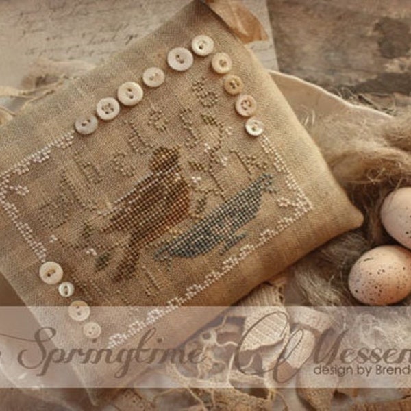 WITH THY NEEDLE & Thread "Springtime Messenger" • Counted Cross Stitch Pattern • Primitive, Spring, Bird, Nest, Pattern Only
