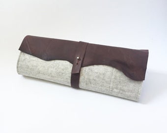 BROOKLYN HABERDASHERY "Ursula Tool Roll" 12 Pocket Storage, Merino Wool Felt w Leather Flap, Leather Strap, Handmade in Brooklyn