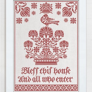 MODERN FOLK EMBROIDERY "Bless This House" Counted Cross Stitch Pattern, Monochromatic, Chart, Pattern Only