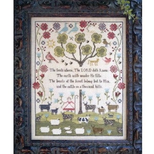 PLUM STREET SAMPLERS &quot;A Thousand Hills&quot; • Counted Cross Stitch Pattern • Sampler, Psalm 50:10-11, Cattle, Sheep, Paper Pattern