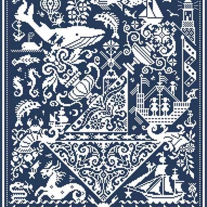 LONG DOG SAMPLERS "Fish 'n Ships" • Counted Cross Stitch Pattern • Classic Norfolk Sampler, Pattern Only