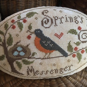 SCATTERED SEED SAMPLERS "Spring's Messenger" Pinkeep, Counted Cross Stitch Pattern, Robin, Pattern Only