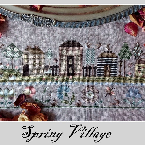 NICKYSCREATIONS "Spring Village" Counted Cross Stitch Pattern, Chart, Nicky's Creations, House Row, Pattern Only