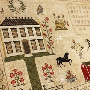 STACY NASH &quot;The Stables at Hollyberry Farm Sampler&quot; Counted Cross Stitch Pattern, Red Barn, Horses, Alphabet, Bee Skep, Pattern Only