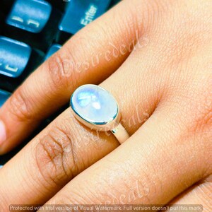 Blue Fire Moonstone Ring: Sterling Silver Oval Statement, Boho Hippie Jewelry