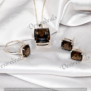 Smoky Quartz Jewelry Set: Sterling Silver Pendant Necklace & Earrings