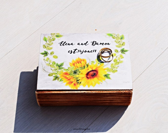 sunflower bearer box box for rings wood ring box wedding ring holder Rustic Wedding sunflower ring box rustic wedding box ring pillow