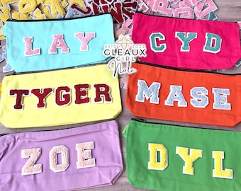 Personalized Cosmetic Bag, Custom Pencil Pouch, Clear Cosmetic Bag, Custom Varsity Letter Bag, Cheer Bow Case, Name Pouch