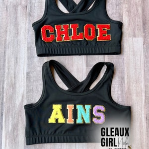 Custom MINI NAME Chenille Varsity Sports Bra, Custom Crop Top