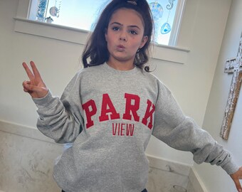 Sudadera con bordado personalizado y apliques, fuente universitaria