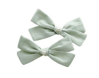 Sage Green Pigtail Bows- Baby Spring Bows With  Pearls