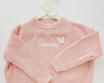 Pink Personalized Embroidered Sweater With Butterfly