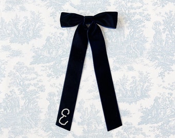 Navy Velvet Long Pearls Initial Bow- Personalized Womens Girls Hair Pin Clip