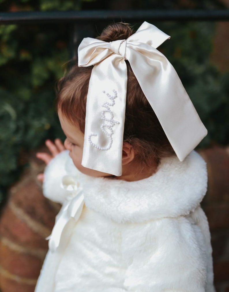 Ivory Satin Custom Name Beaded Bow With Pearls Bridal image 1