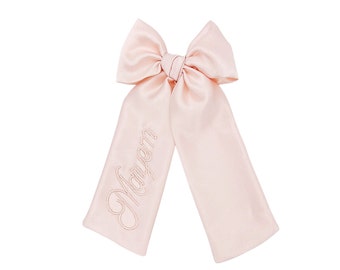 Blush Pink Satin Monogrammed Bow with Name - Embroidered School Bow