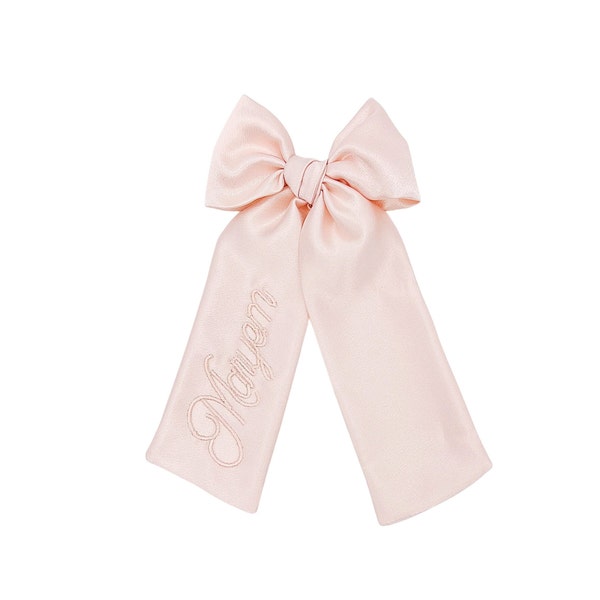 Blush Pink Satin Monogrammed Bow with Name - Embroidered School Bow
