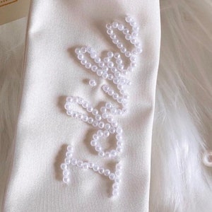 Ivory Satin Custom Name Beaded Bow With Pearls Bridal image 8