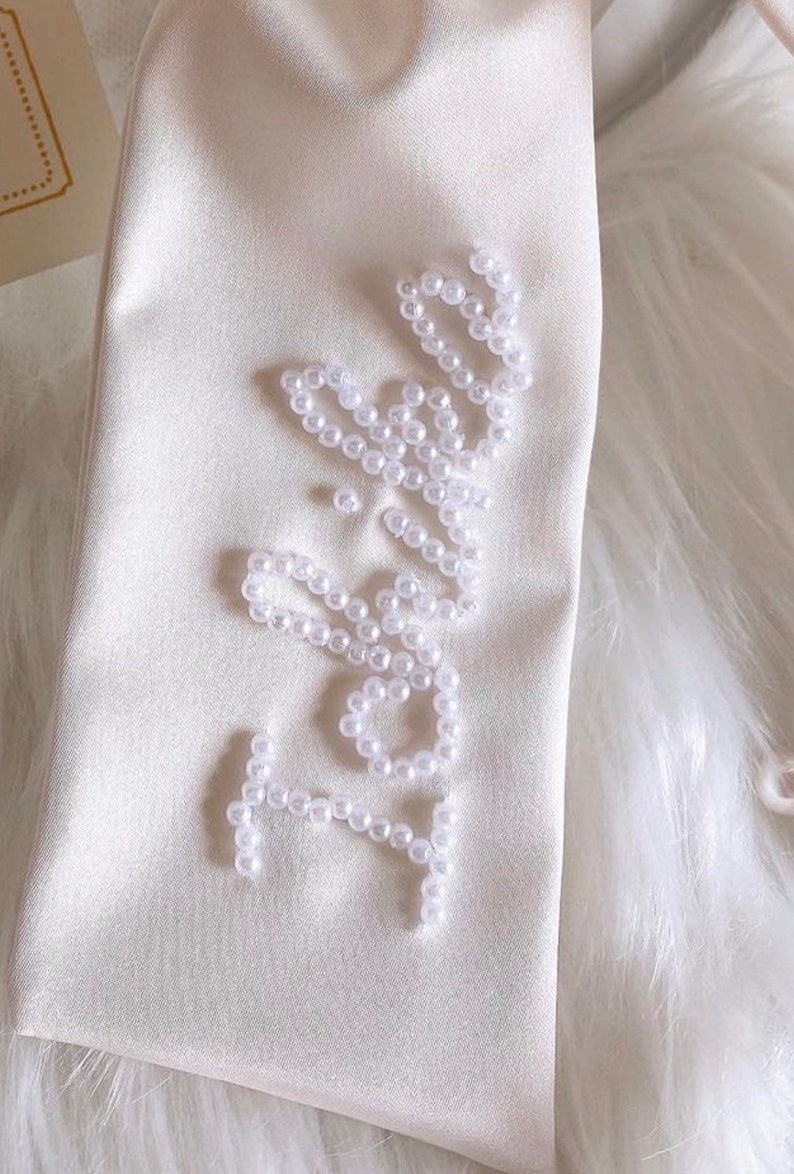 Ivory Satin Custom Name Beaded Bow With Pearls Bridal image 8