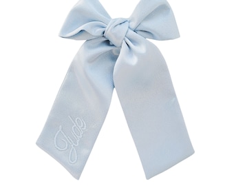 Chloé Monogrammed Bow- Blue Satin Embroidered Personalized Bow