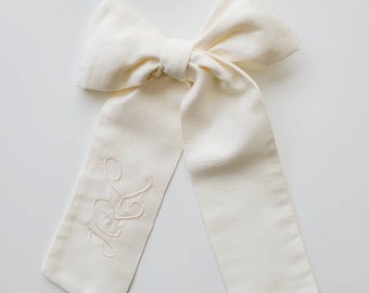 Ivory Cotton Monogramed Embroidered with Initials Long Bow for Girls