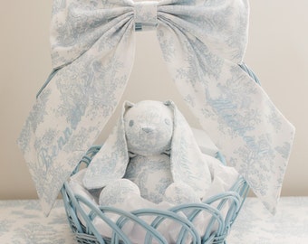 Blue Toile Easter Bunny Basket Bow Set - Embroidered Nursery Baby Shower Gift Baby Boy