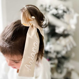 Ivory Satin Custom Name Beaded Bow With Pearls Bridal image 3