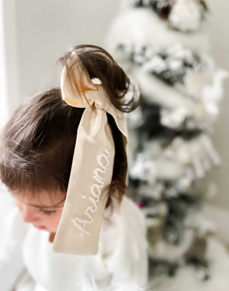 Ivory Satin Custom Name Beaded Bow With Pearls Bridal image 3