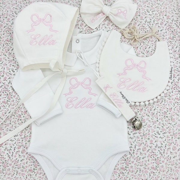 Heirloom Pink Embroidered Monogrammed Baby Gift Set - Newborn Outfit- Baby Girl Baby Shower Gift