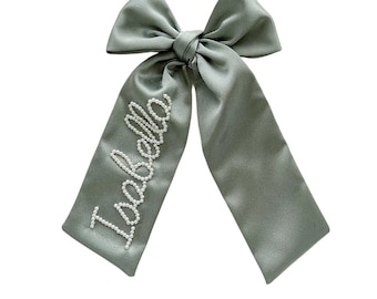 Olive Green Bow- Hand Beaded Custom Personalized Name