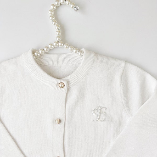 Pearl White Cardigan - Kids Toddler Pearl Initial Personalized Knit Sweater- School Uniform