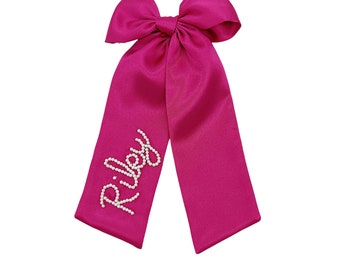 Fuchsia Pink Bespoke Bow Beaded Bow  - Pearl Custom Name