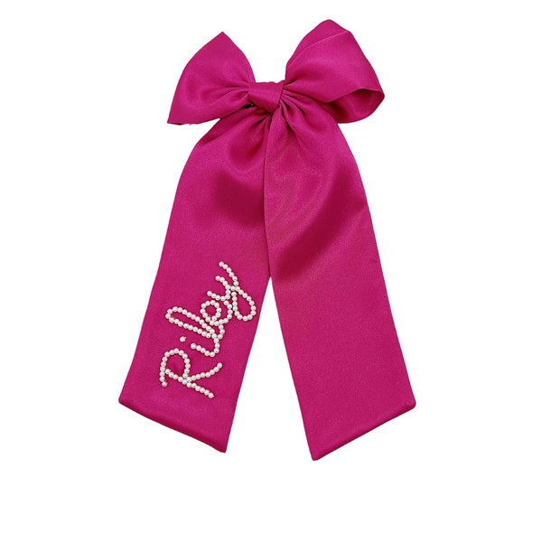 Fuchsia Pink Bespoke Bow Beaded Bow  - Pearl Custom Name