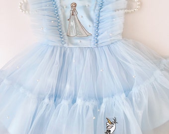 Blue Elsa Frozen Olaf Fancy Birthday Dress Pearls Ice Princess Party